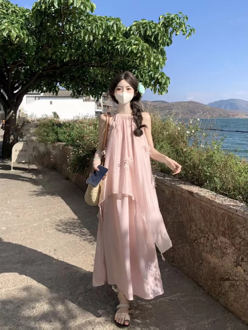 디자인 센스 불규칙 행침 목 여성 드레스 봄 2026 새로운 루즈핏 페이크 레이어드 3 차원 장식 길다 치마 상세 이미지 4
