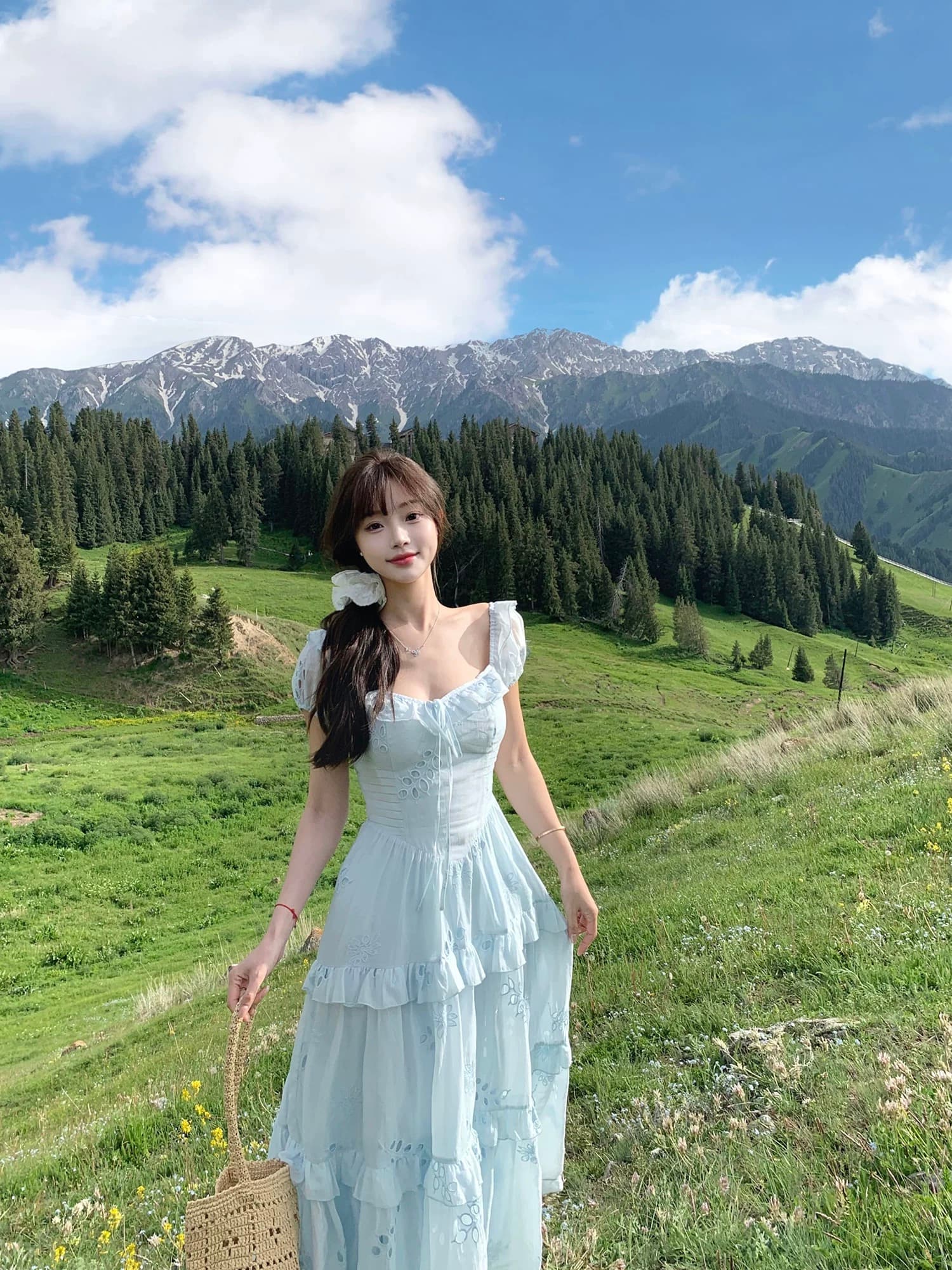 초기 꿈 pokemeng 연인 대 치마 주간 실크 라이 경기 서울 홀로우 아웃 자수 공주 드레스 여름 이미지 3