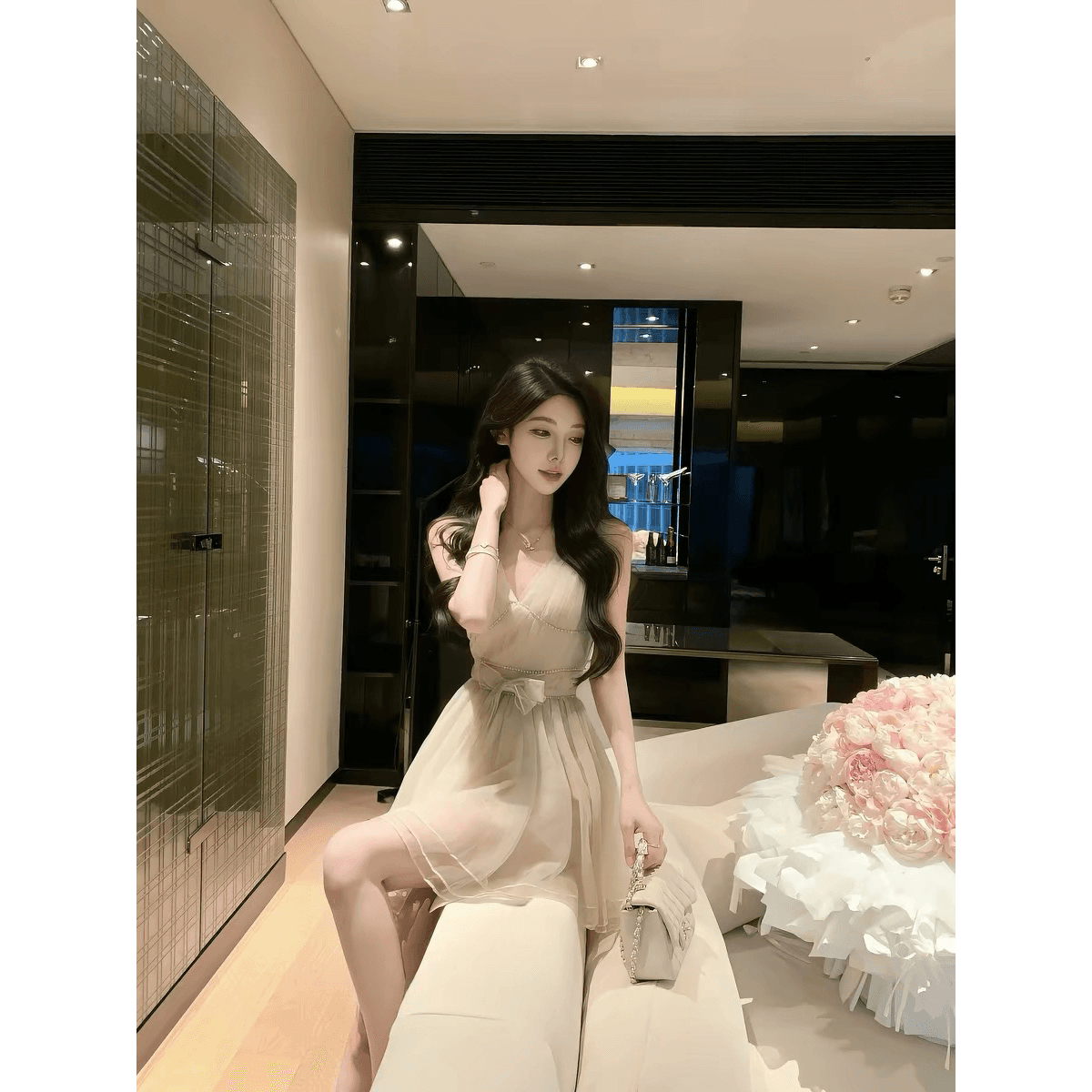 justqin 상하이 미시 2026 새로운 여름 드레스 섹시함 치마 허리 수축 미니 스커트 V넥 여성 드레스 이미지 5