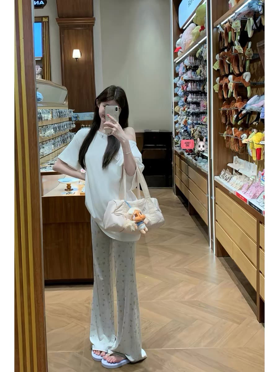 화이트 워터 여성 도트 무늬 가면 바지 모달 프린트 허리밴드 부츠컷 바지 여성 여름 높음 폭탄 통기성 도루 피하다. 긴 바지 이미지 3