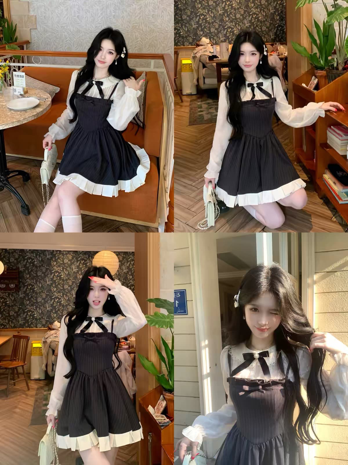 blovelan 별이 빛나는 밤 연인 레트로 학원 베이비 칼라 배색 페이크 레이어드 스트라이프 허리 수축 드레스 가을 이미지 3