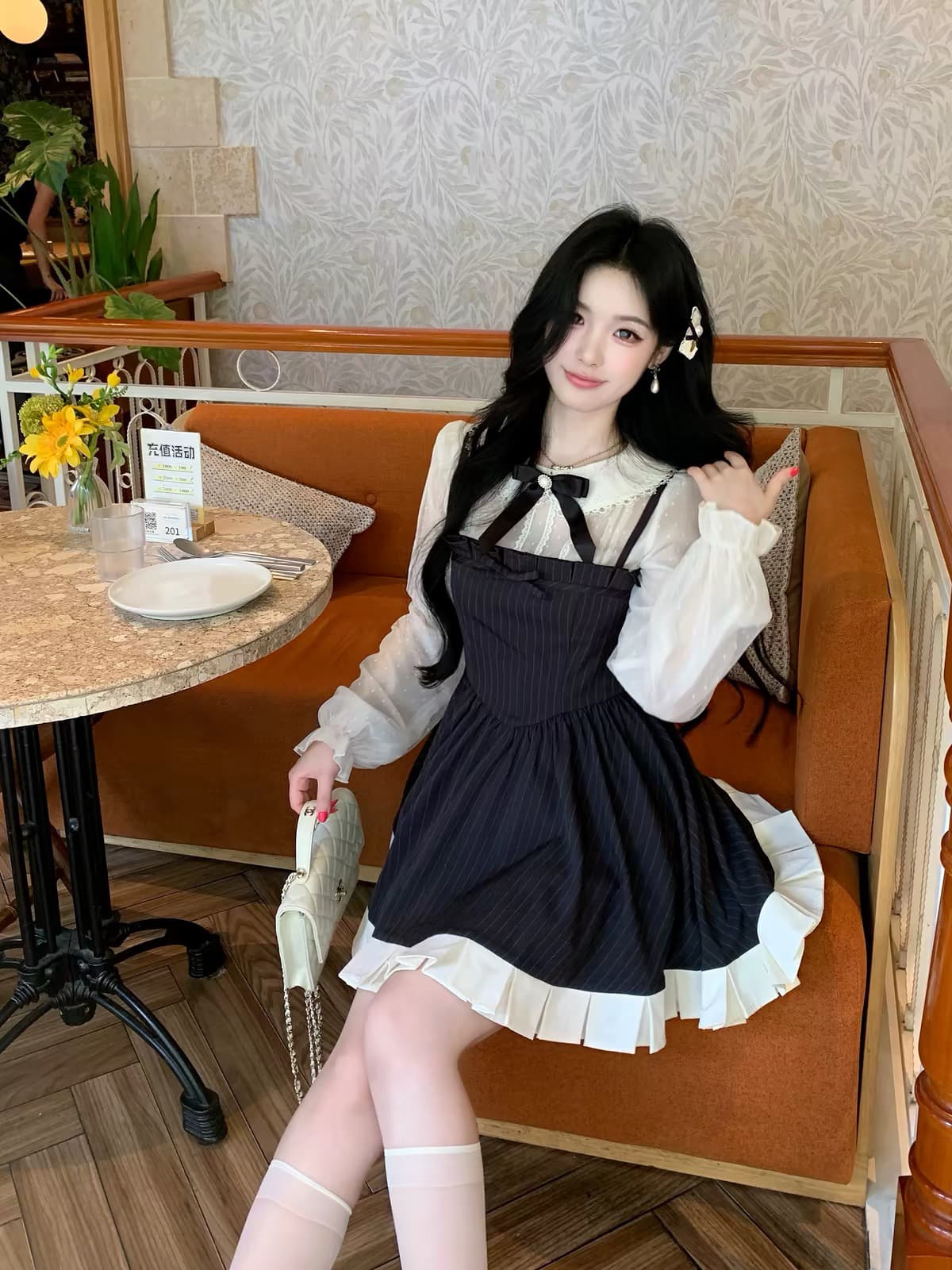 blovelan 별이 빛나는 밤 연인 레트로 학원 베이비 칼라 배색 페이크 레이어드 스트라이프 허리 수축 드레스 가을 이미지 4