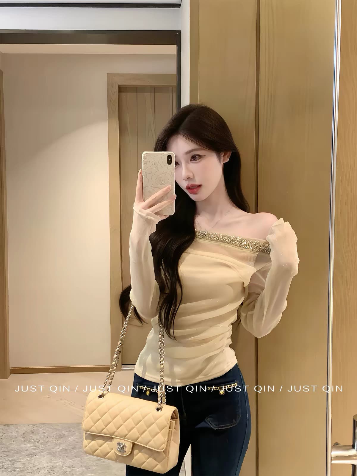 justqin 부드러운 향기로운 옥 8 18 신제품 밝은 훈련 망사 비스듬한 어깨 긴팔 티셔츠 맨위 여성