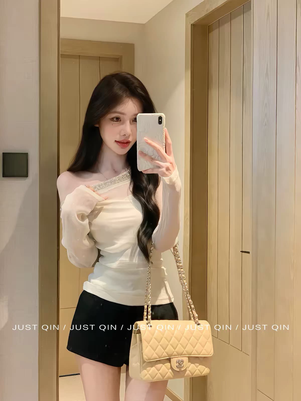 justqin 부드러운 향기로운 옥 8 18 신제품 밝은 훈련 망사 비스듬한 어깨 긴팔 티셔츠 맨위 여성 이미지 2