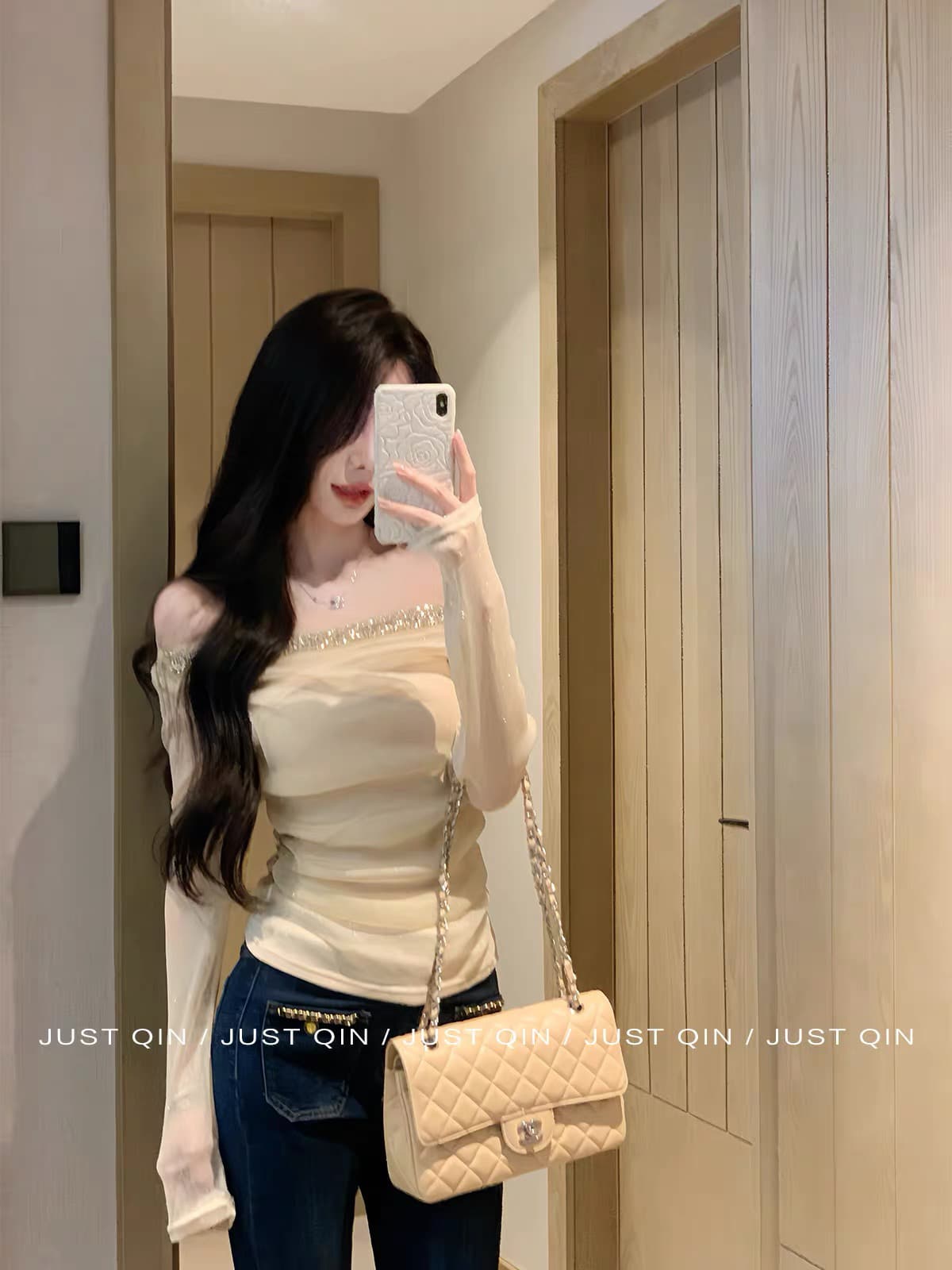justqin 부드러운 향기로운 옥 8 18 신제품 밝은 훈련 망사 비스듬한 어깨 긴팔 티셔츠 맨위 여성 이미지 3