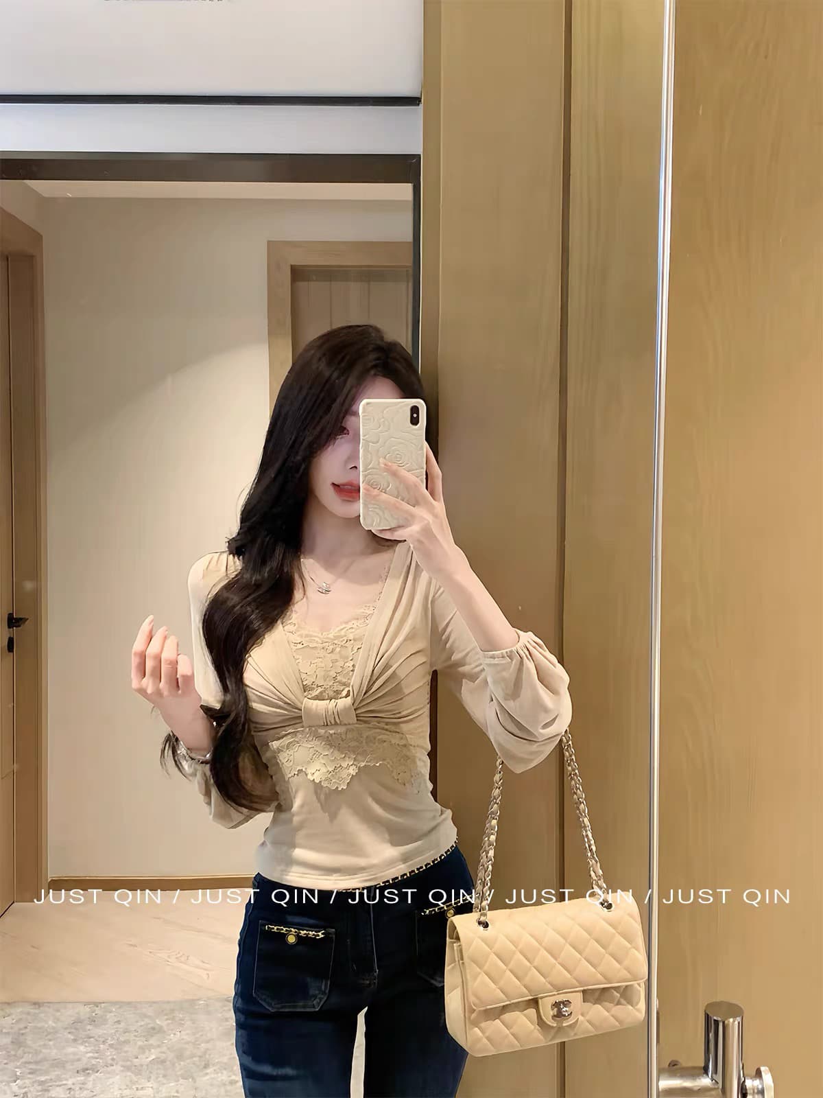 justqin 화이트 여성 graceful8 18 신제품 레이스 조각 긴팔 주간 실크 양모 쉬폰 블라우스 이미지 2