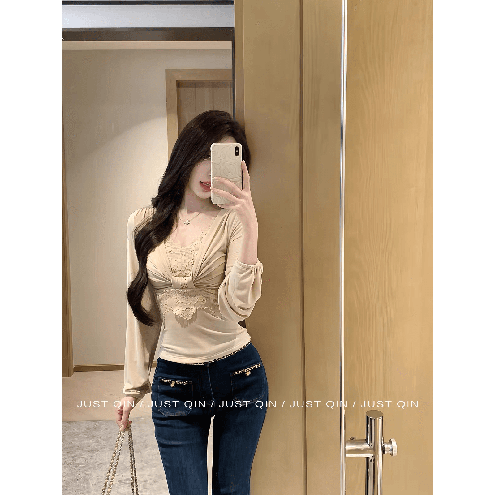 justqin 화이트 여성 graceful8 18 신제품 레이스 조각 긴팔 주간 실크 양모 쉬폰 블라우스 이미지 5