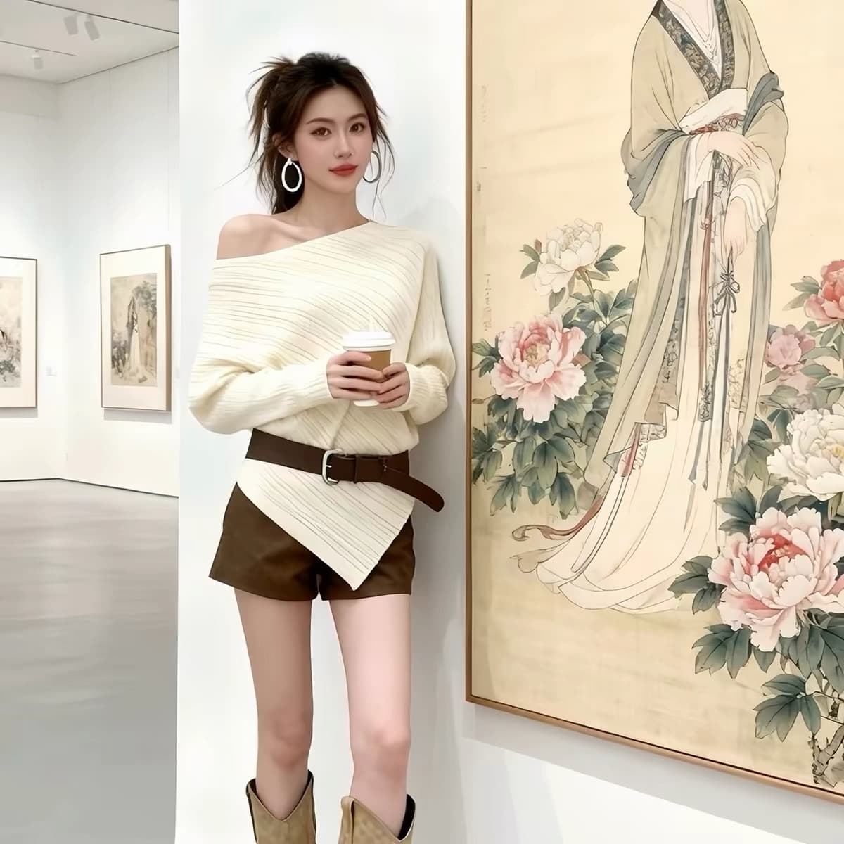 순수한 욕망 불규칙 비스듬한 어깨 배트윙 소매 스웨터 니트 스웨터 여성 가을 디자인 센스 한 부서 느긋한 맨위 기본 셔츠 이미지 3