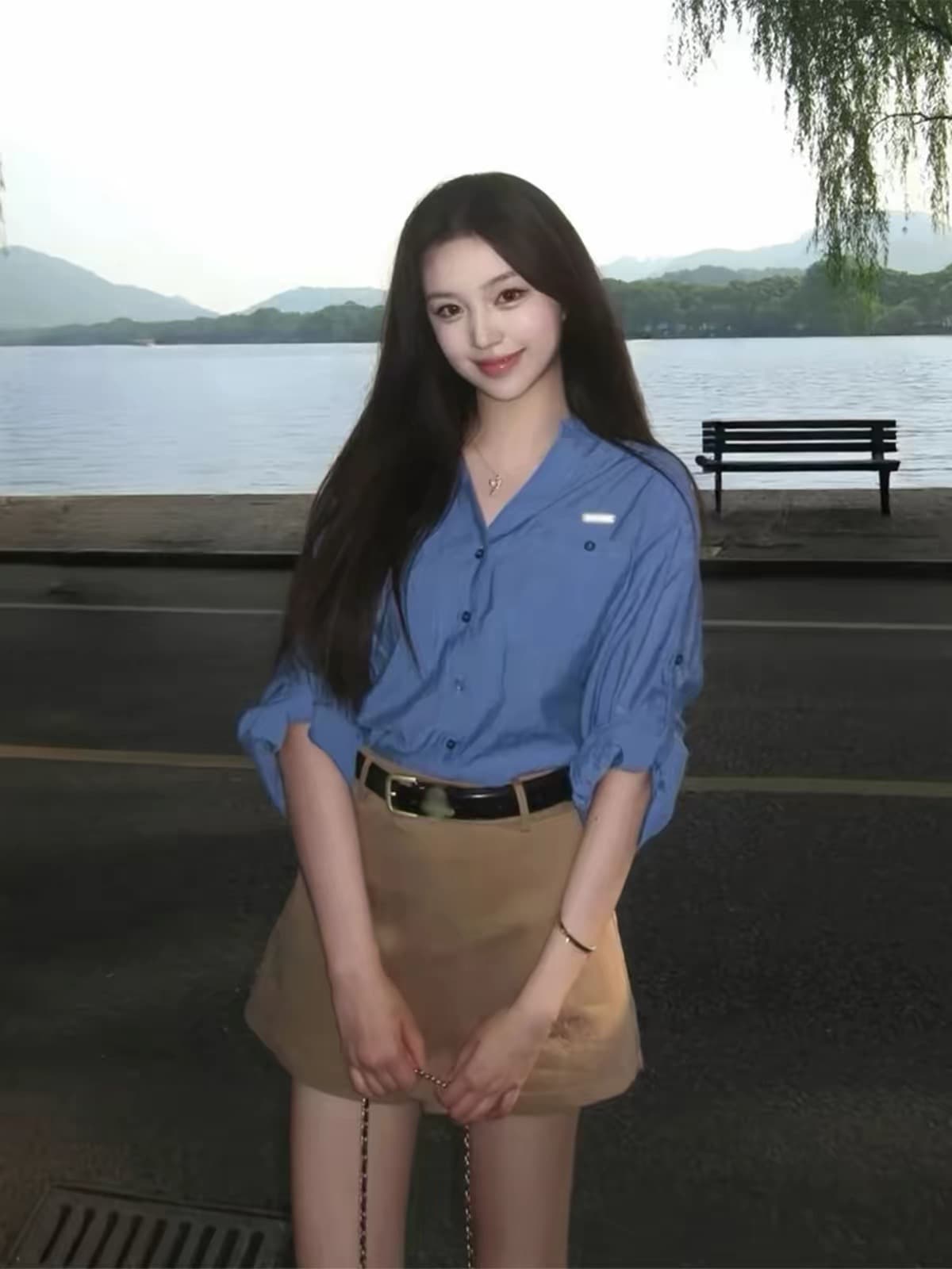고급 센스 톰 글 래 원인 블루 긴팔 여성 셔츠 여름 루즈핏 자외선 차단 셔츠 재킷 카키 색 미니 스커트 투피스 세트 상세 이미지 2
