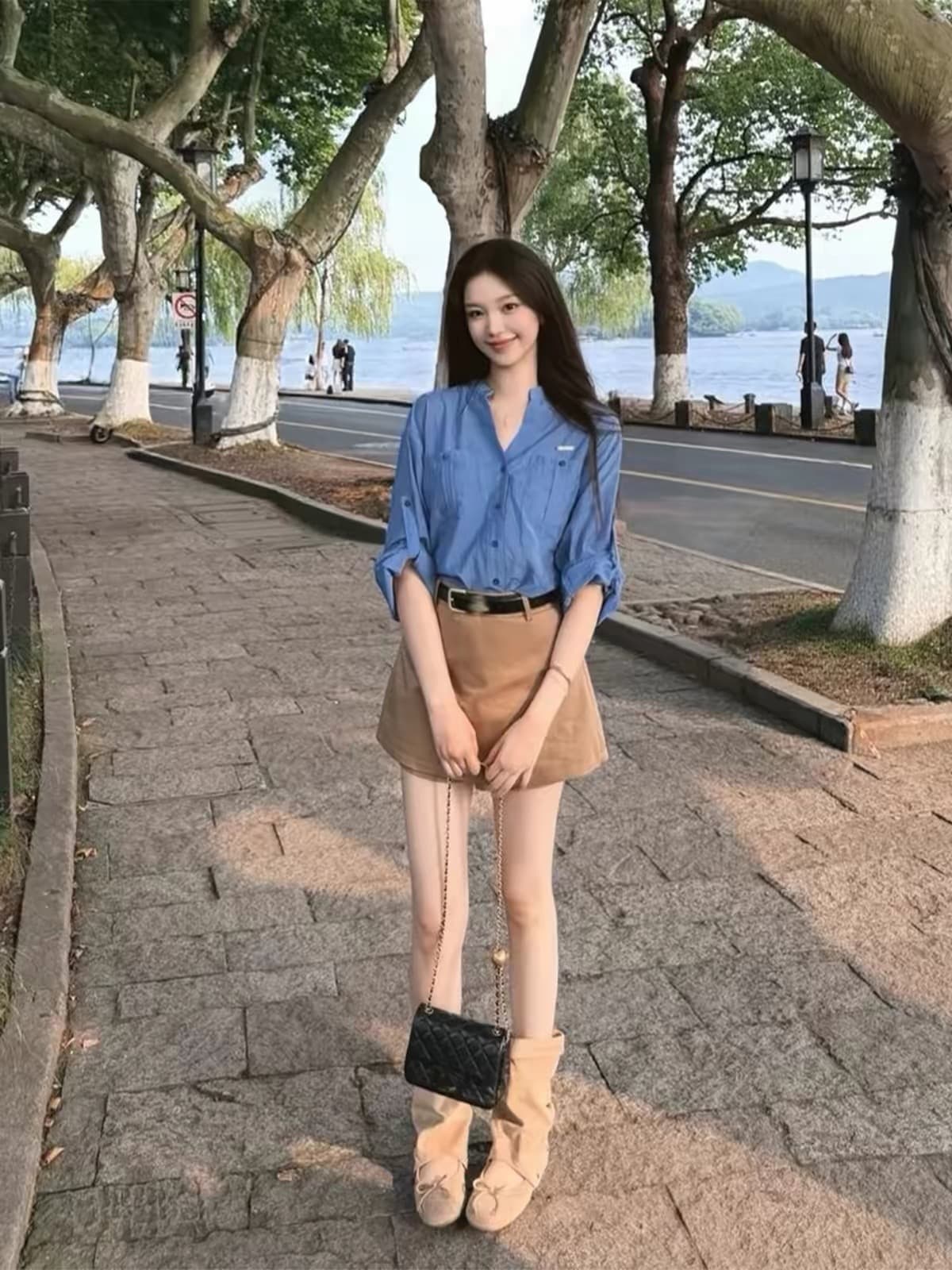 고급 센스 톰 글 래 원인 블루 긴팔 여성 셔츠 여름 루즈핏 자외선 차단 셔츠 재킷 카키 색 미니 스커트 투피스 세트 상세 이미지 3