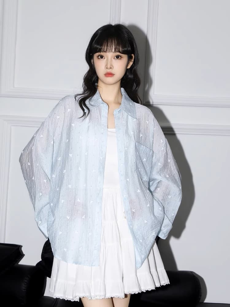 파란색 긴팔 셔츠 여성 코트 얇은 스타일 2026 봄 새로운 자외선 차단 셔츠 외부 가져 가라. 에어컨 오픈 가디건 맨위 상세 이미지 3