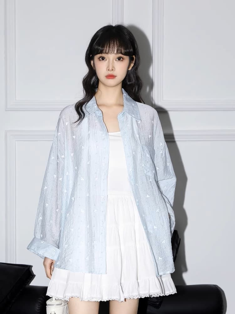 파란색 긴팔 셔츠 여성 코트 얇은 스타일 2026 봄 새로운 자외선 차단 셔츠 외부 가져 가라. 에어컨 오픈 가디건 맨위 상세 이미지 5
