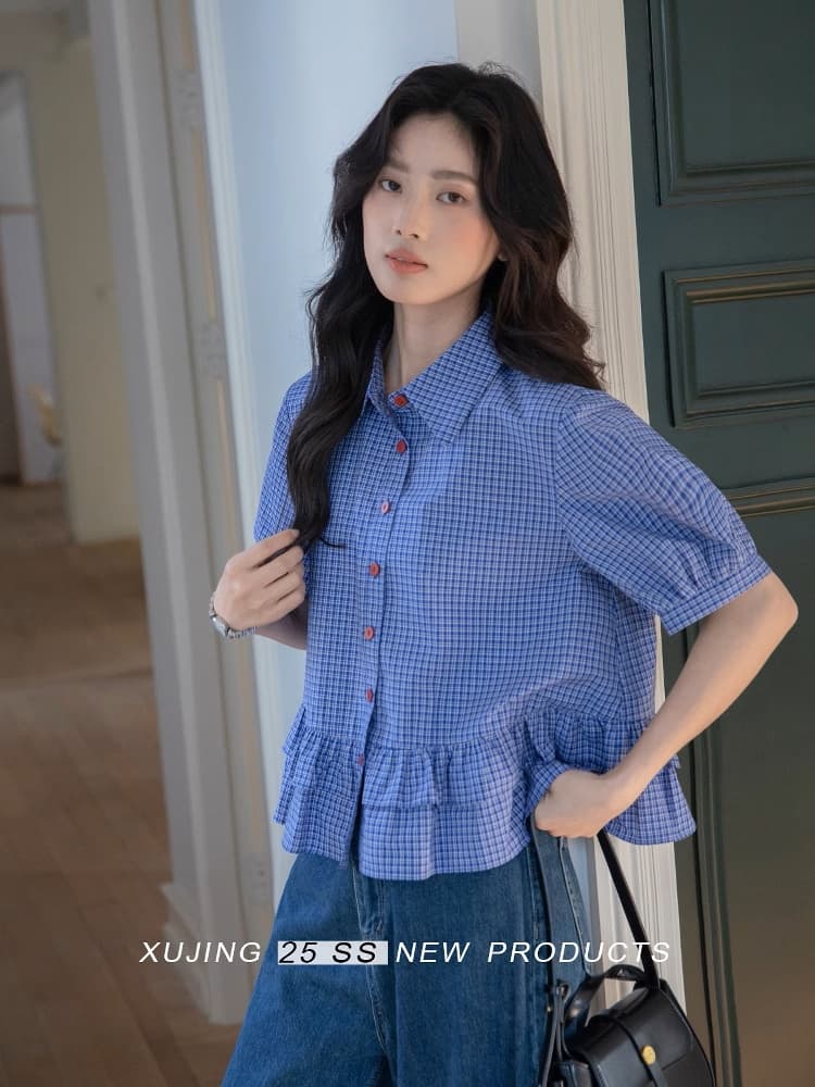 시리아 상황 플러그 Na 안개 원시 실크 진한 파란색 프릴 체크무늬 여성 셔츠 2025 여름 고급 센스 반팔 셔츠 이미지 4