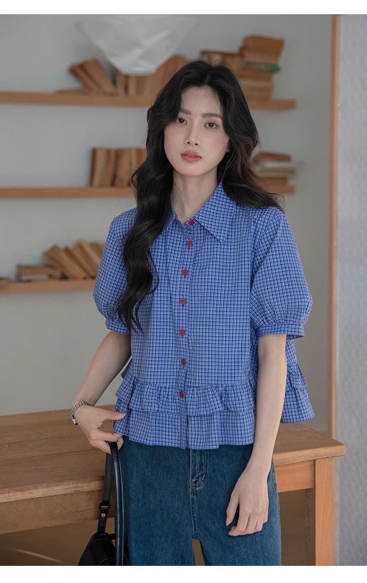시리아 상황 플러그 Na 안개 원시 실크 진한 파란색 프릴 체크무늬 여성 셔츠 2025 여름 고급 센스 반팔 셔츠 상세 이미지 1