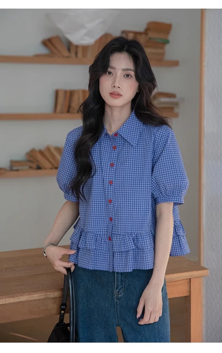 시리아 상황 플러그 Na 안개 원시 실크 진한 파란색 프릴 체크무늬 여성 셔츠 2025 여름 고급 센스 반팔 셔츠 상세 이미지 2