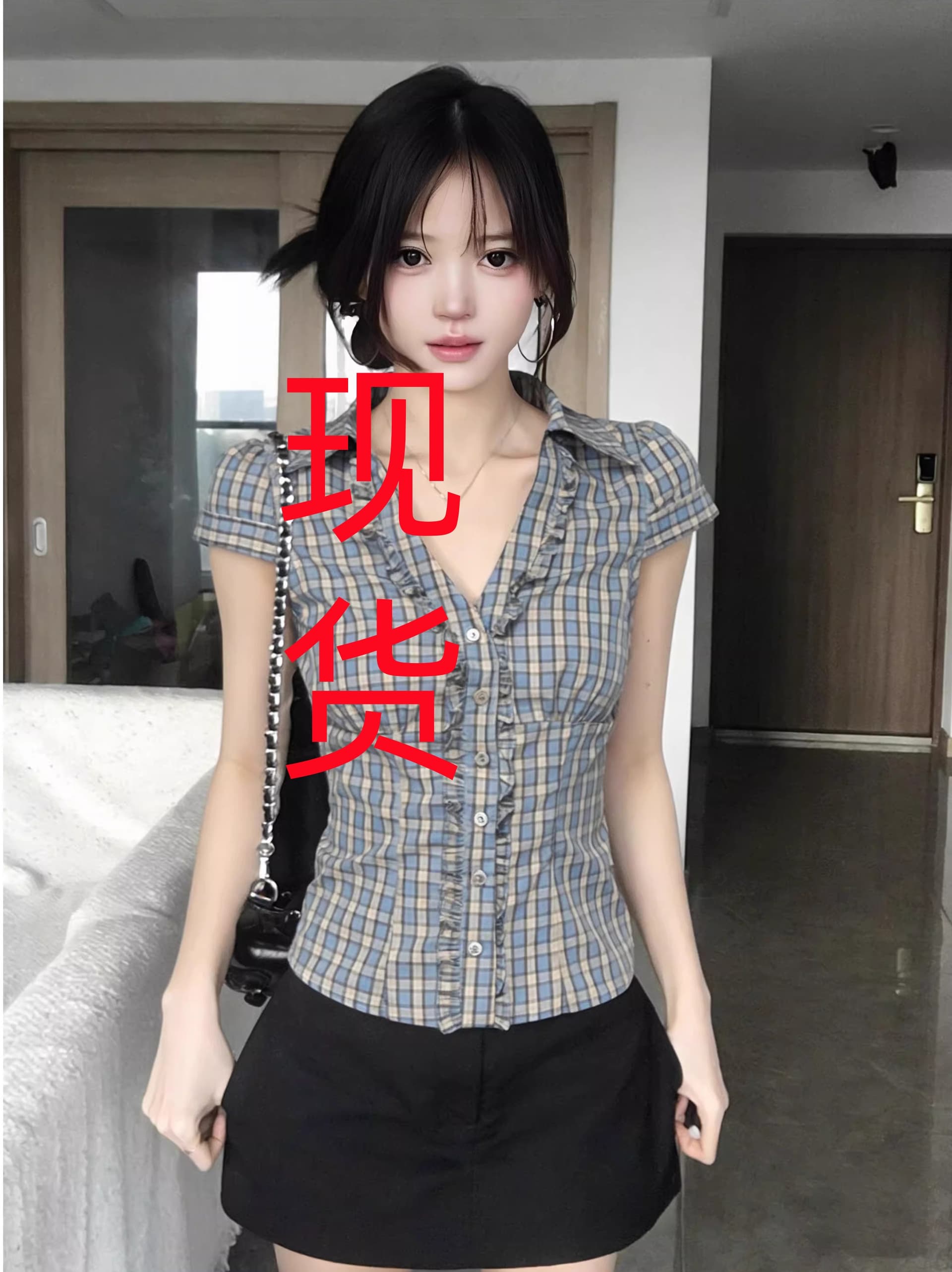 프랑스식 프릴 반팔 여성 셔츠 여름 파란색 체크무늬 셔츠 허리 수축 긍정적 인 어깨 의류