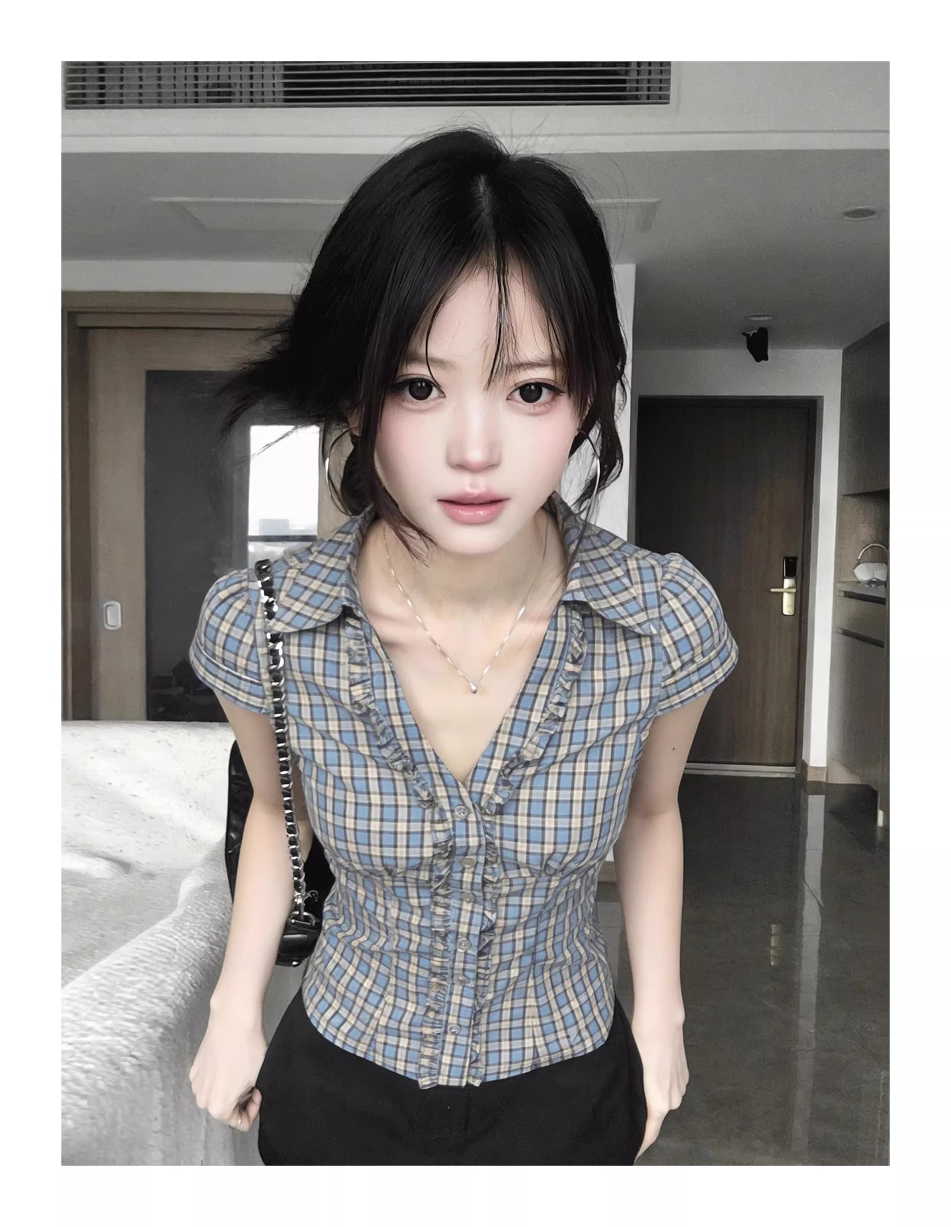 프랑스식 프릴 반팔 여성 셔츠 여름 파란색 체크무늬 셔츠 허리 수축 긍정적 인 어깨 의류 이미지 3