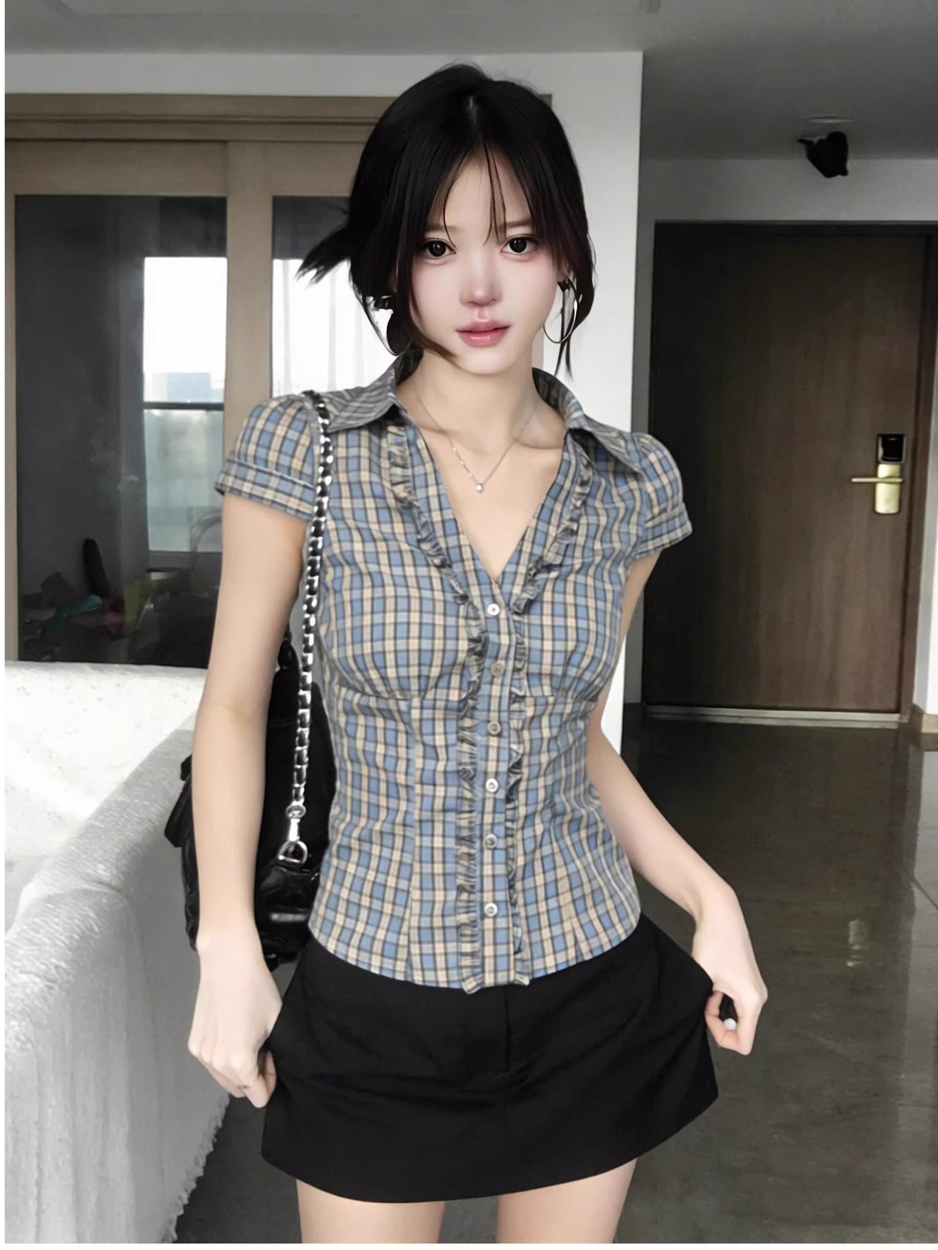 프랑스식 프릴 반팔 여성 셔츠 여름 파란색 체크무늬 셔츠 허리 수축 긍정적 인 어깨 의류 상세 이미지 3