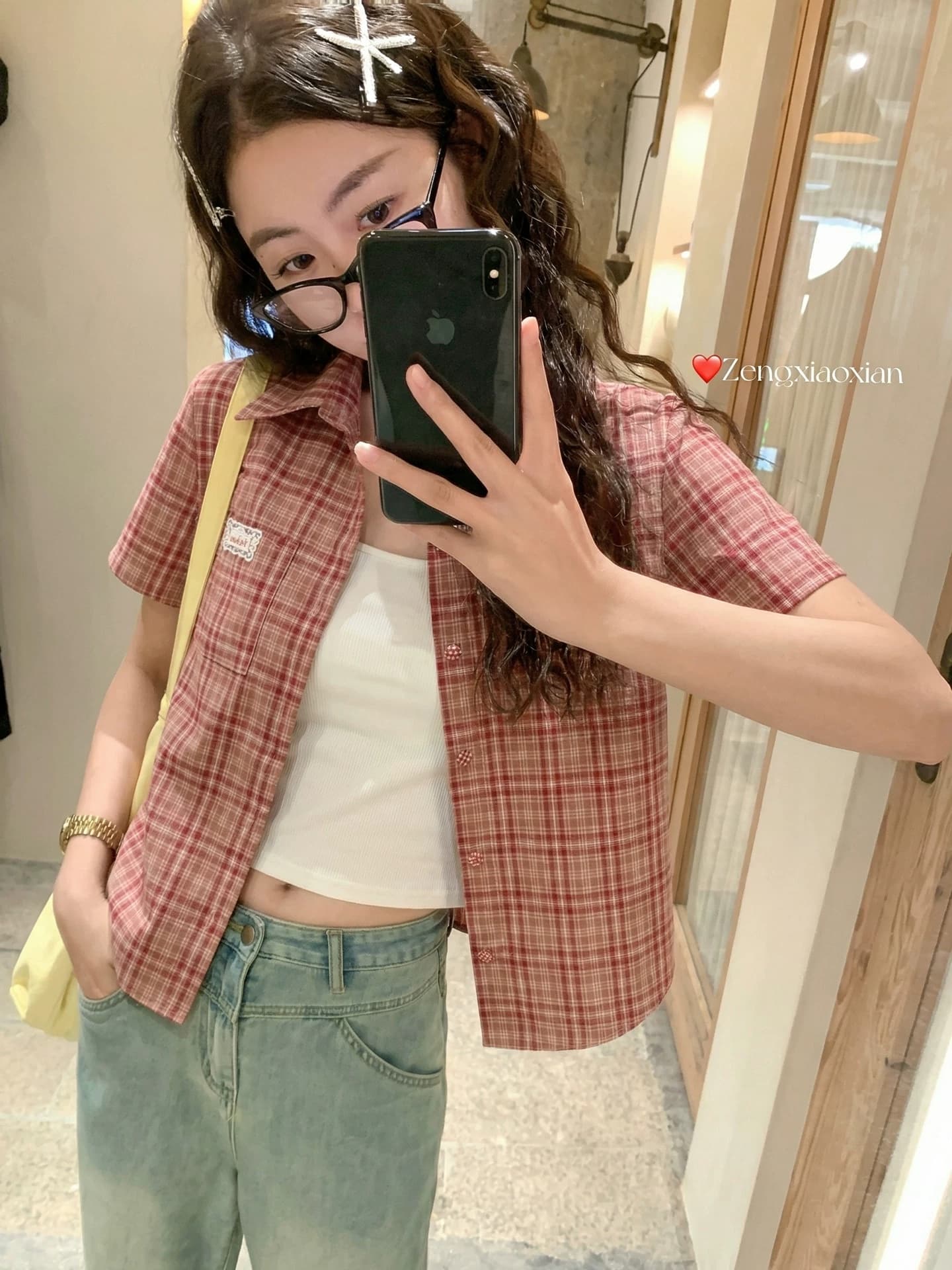 한 번 작은 짭짤한 한 부서 빨간색 체크무늬 쇼트 스타일 반팔 셔츠 여성 코트 여름 새로운 루즈핏 셔츠 오픈 가디건 맨위 상세 이미지 3