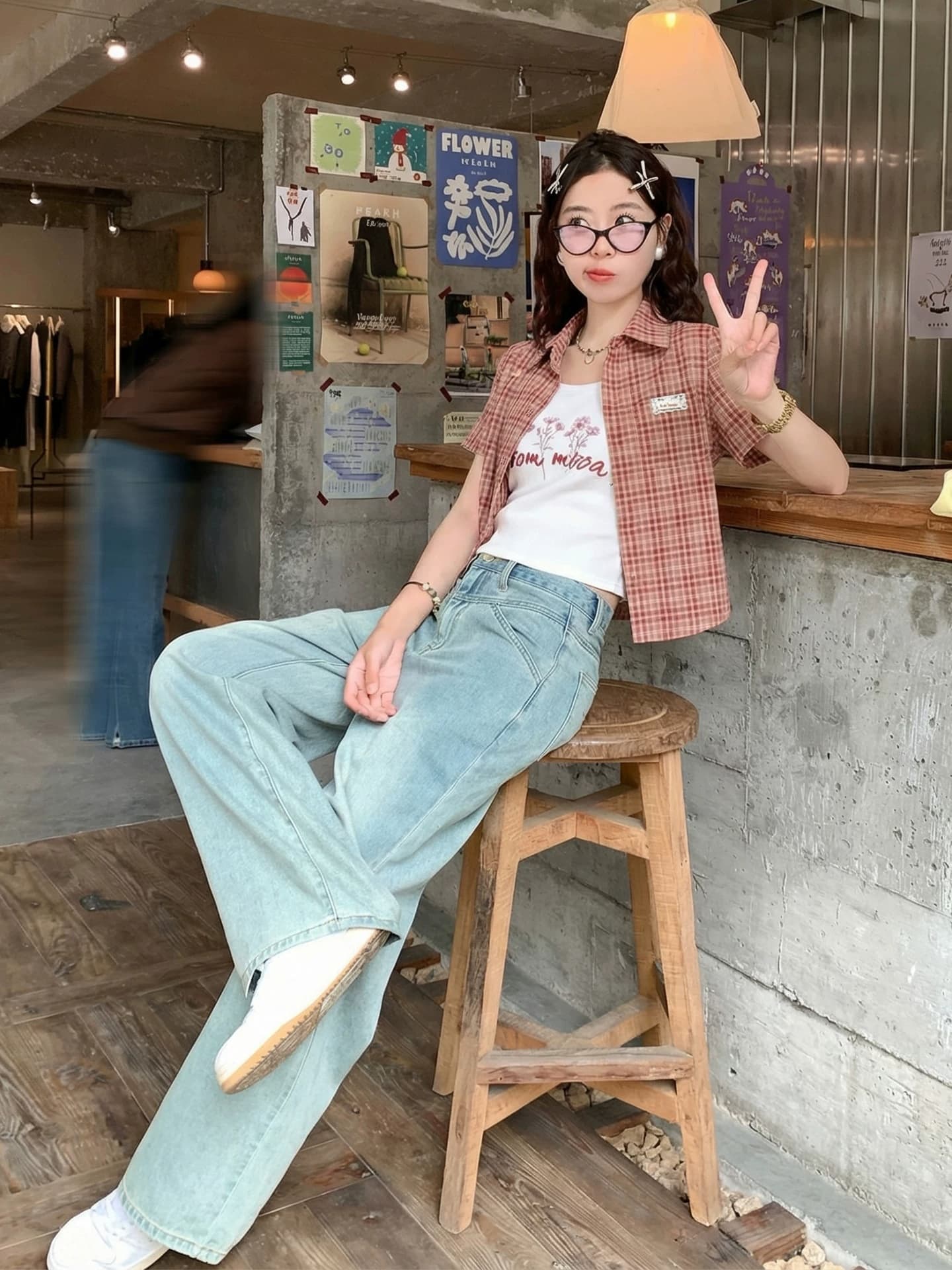 한 번 작은 짭짤한 한 부서 빨간색 체크무늬 쇼트 스타일 반팔 셔츠 여성 코트 여름 새로운 루즈핏 셔츠 오픈 가디건 맨위 상세 이미지 4