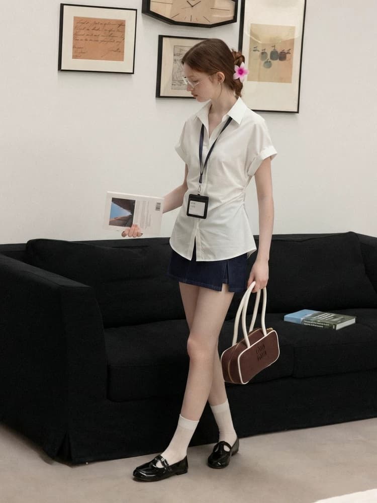 양성 이야기 프랑스식 화이트 POLO 칼라 반팔 여성 셔츠 2026 여름 출퇴근 허리 수축 슬림해 보이는 셔츠 상세 이미지 4