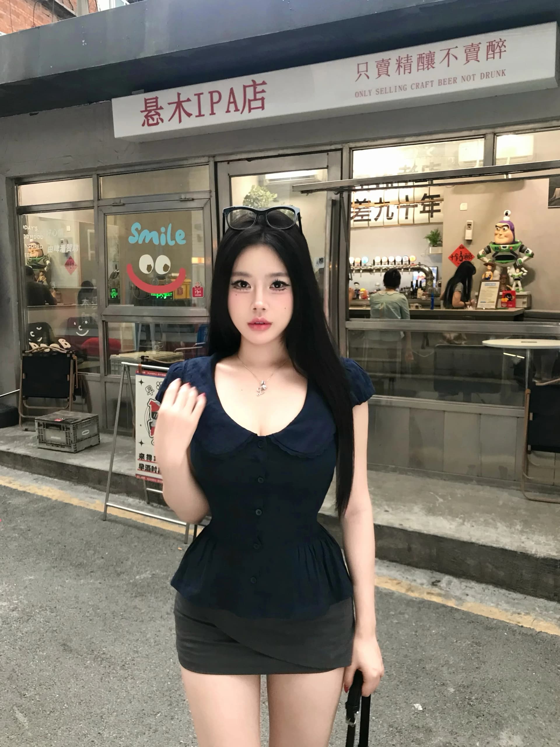mejiu 꿀 나인 黛 색상 이동 밤 핫걸 해군 여성 셔츠 여름 품격 다용도 꼬집기 허리 베이비 칼라 맨위 상세 이미지 2