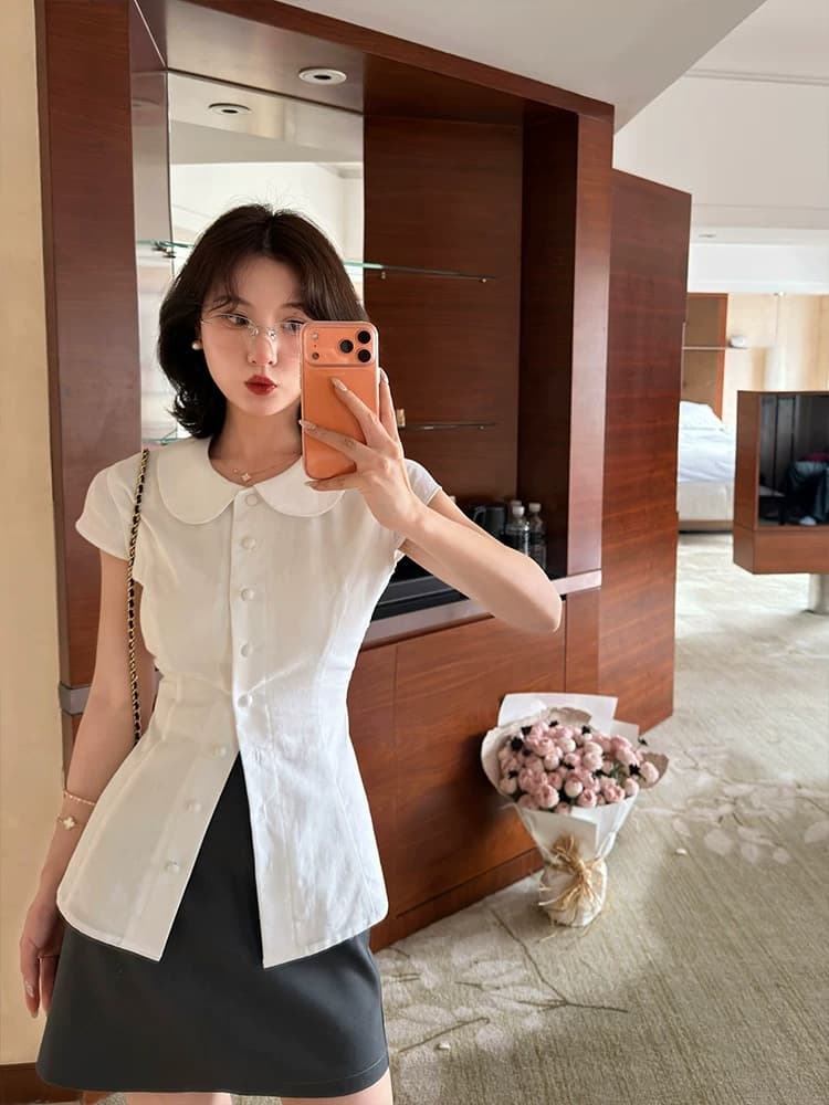 새싹 잘 생긴 얕은 여름 전갈 베이비 칼라 반팔 여성 셔츠 여름 허리 수축 슬림해 보이는 품격 출퇴근 다용도 맨위 상세 이미지 2