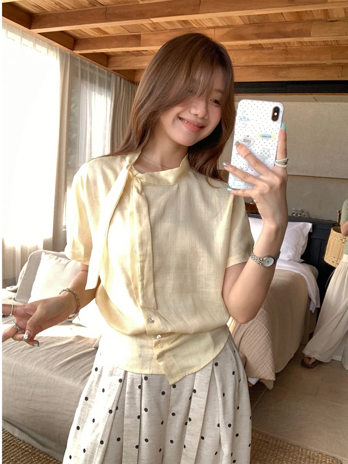 sisilyon 부드러운 인자 한 부서 가스 질감 리본 칼라 셔츠 여성 여름 작은 키 미니멀리즘 허리 수축 작은 셔츠 상세 이미지 2