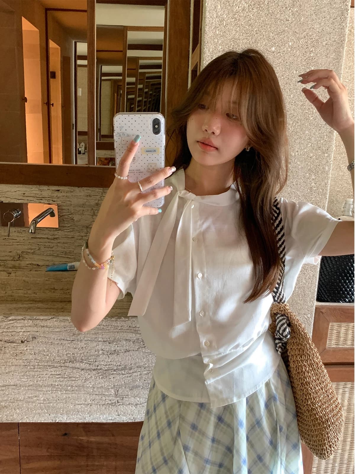 sisilyon 부드러운 인자 한 부서 가스 질감 리본 칼라 셔츠 여성 여름 작은 키 미니멀리즘 허리 수축 작은 셔츠 상세 이미지 3