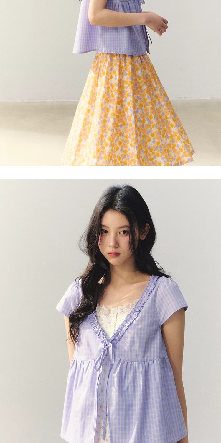 황 캔칸 같은 단락 통조림 식품 시시 많은 보라색 안개 달콤한 포 멜로 여름 소녀 바람 보라색 체크무늬 여성 셔츠 여름 상세 이미지 2
