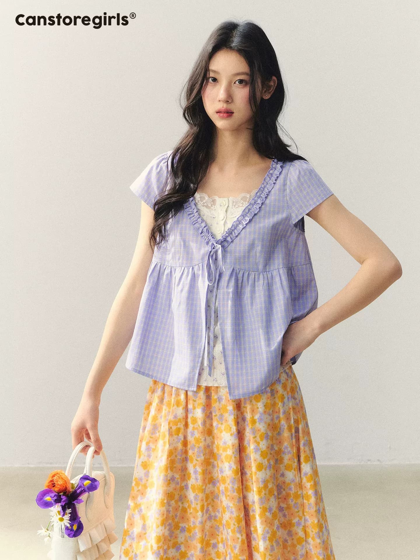 황 캔칸 같은 단락 통조림 식품 시시 많은 보라색 안개 달콤한 포 멜로 여름 소녀 바람 보라색 체크무늬 여성 셔츠 여름 상세 이미지 4