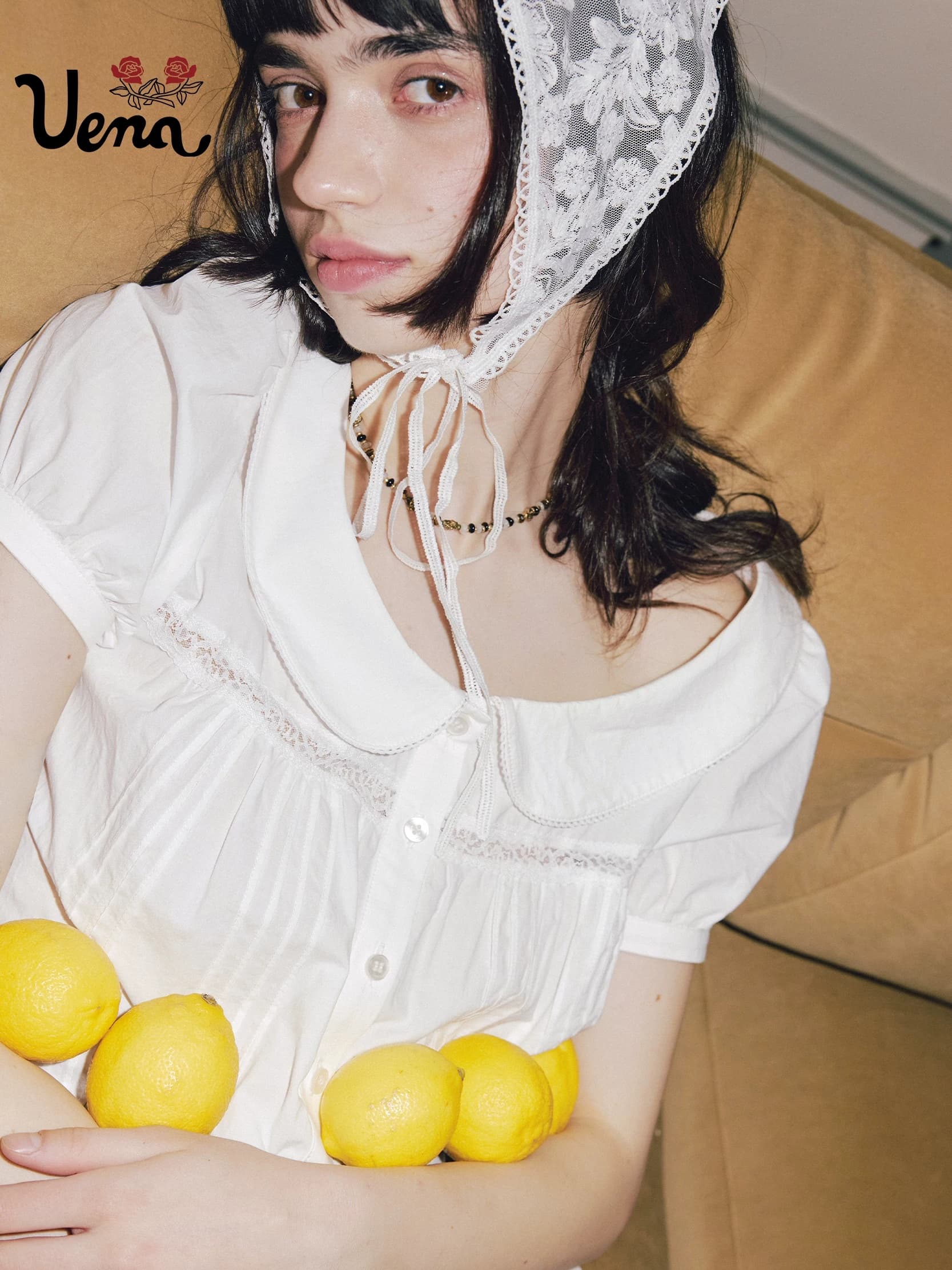 아침 서리 당겨서 달 uena 아메리칸 레트로 화이트 레이스 레이스 패치워크 인형 라운드 넥 버블 반팔 셔츠