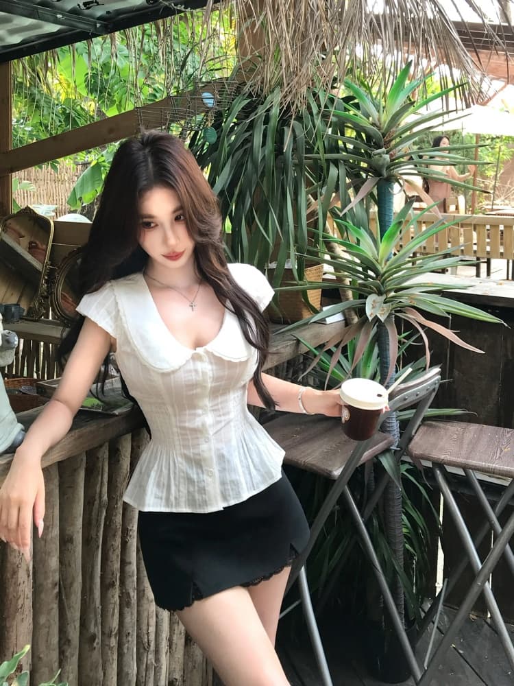 mejiu 꿀 나인 치자 나무 부드러운 만남 여름 miu 부서 달콤한 매운맛 바람 프릴 여성 셔츠 여름 꼬집기 허리 분위기 센스 맨위 이미지 4