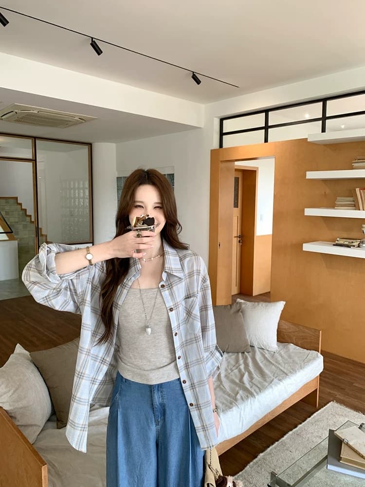 미아오 보스 스코틀랜드 조정 miaolab 캐주얼 바람 체크무늬 순면 루즈핏 자외선 차단 셔츠 긴팔 맨위 상세 이미지 4