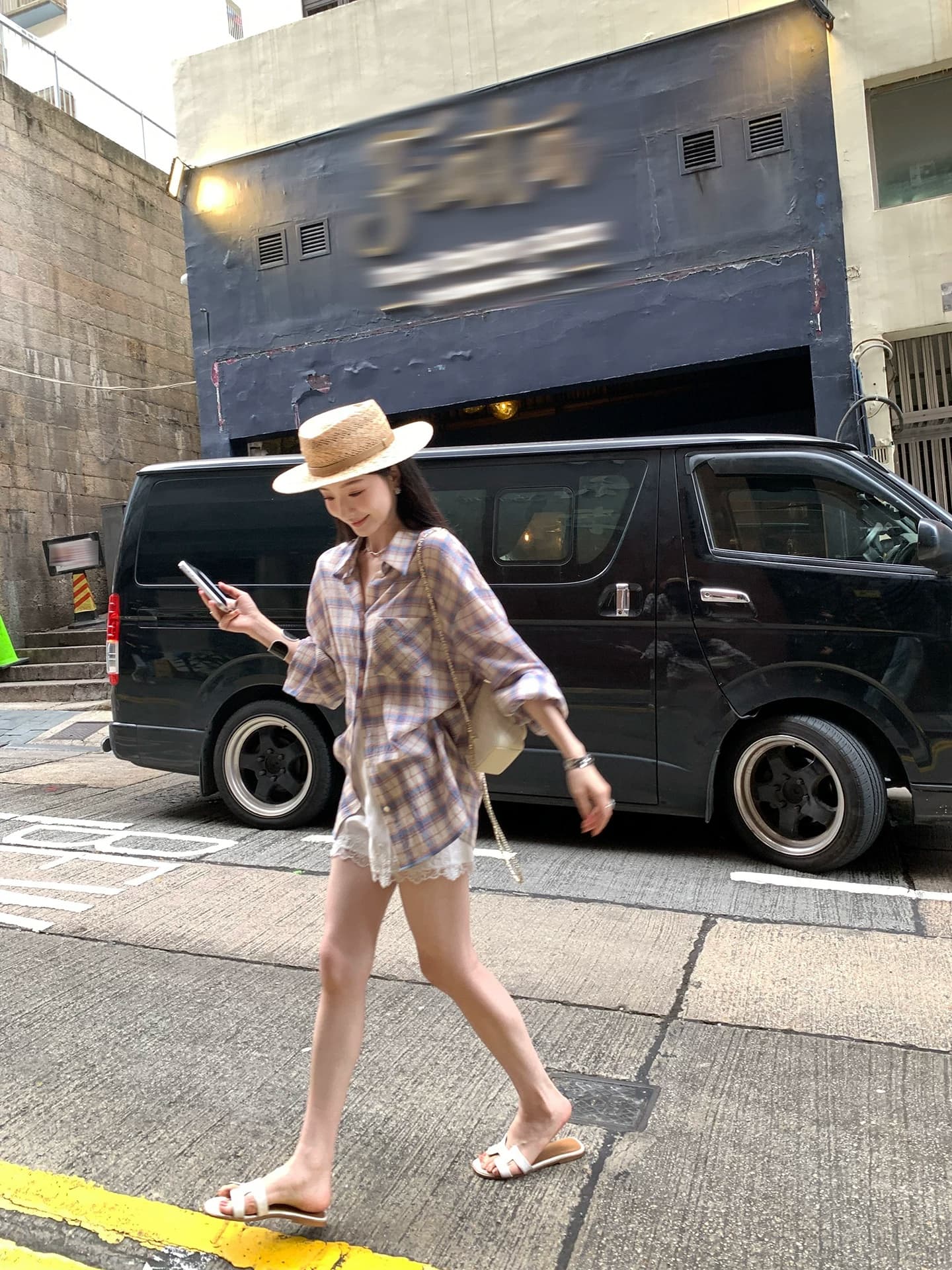 여름 시 면 센스 캐주얼 수 있습니다. 이슬 리 체크무늬 얇고 가벼운 셔츠 니스 폴로 칼라 스트레이트 몸 소매 루즈핏 프로필 모양 맨위 상세 이미지 3