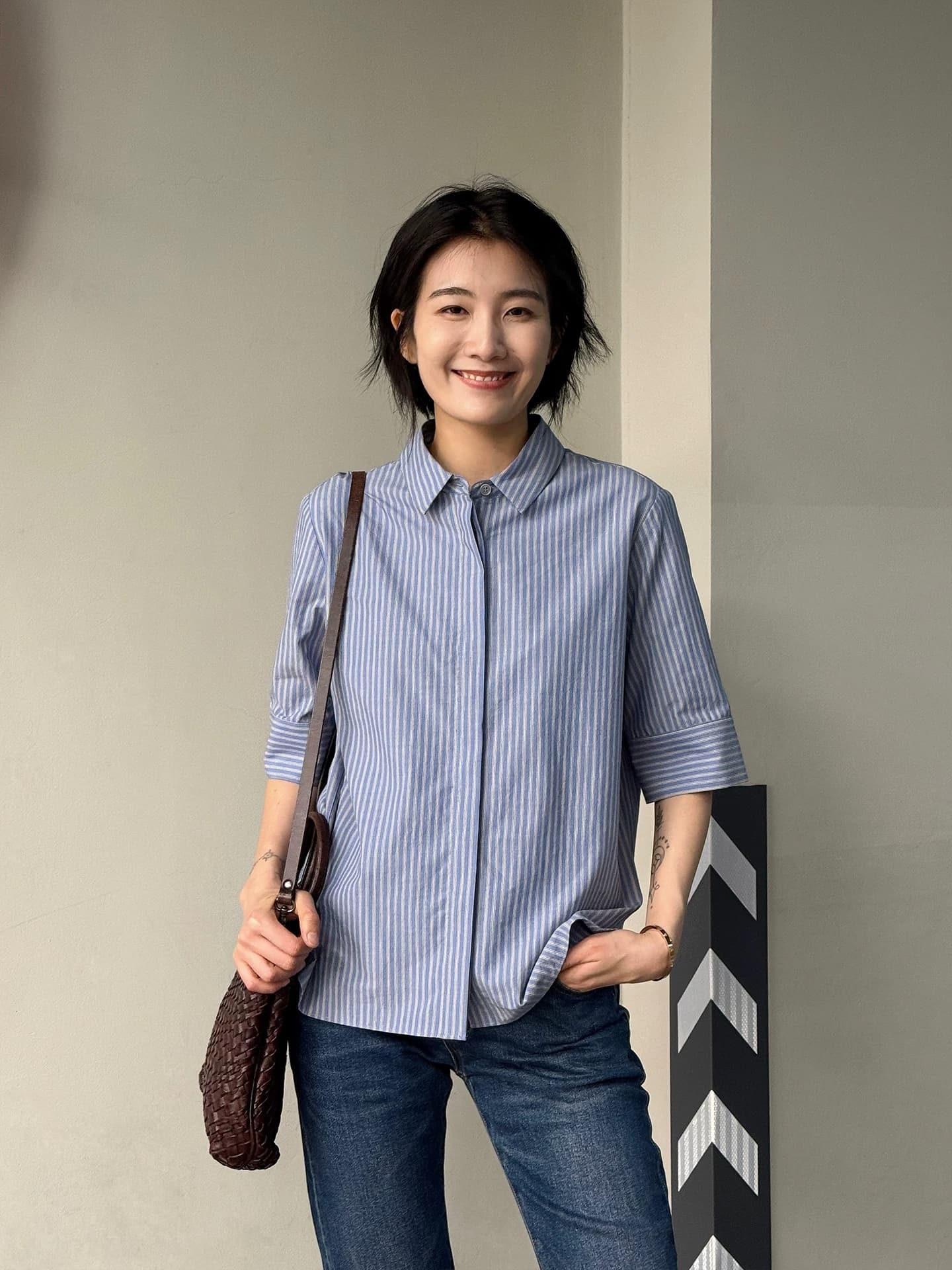 주 웨이브 청 파란색 순면 스트라이프 반팔 여성 셔츠 2026 새로운 여름 얇은 스타일 폴로 칼라 셔츠 캐주얼 맨위 이미지 3