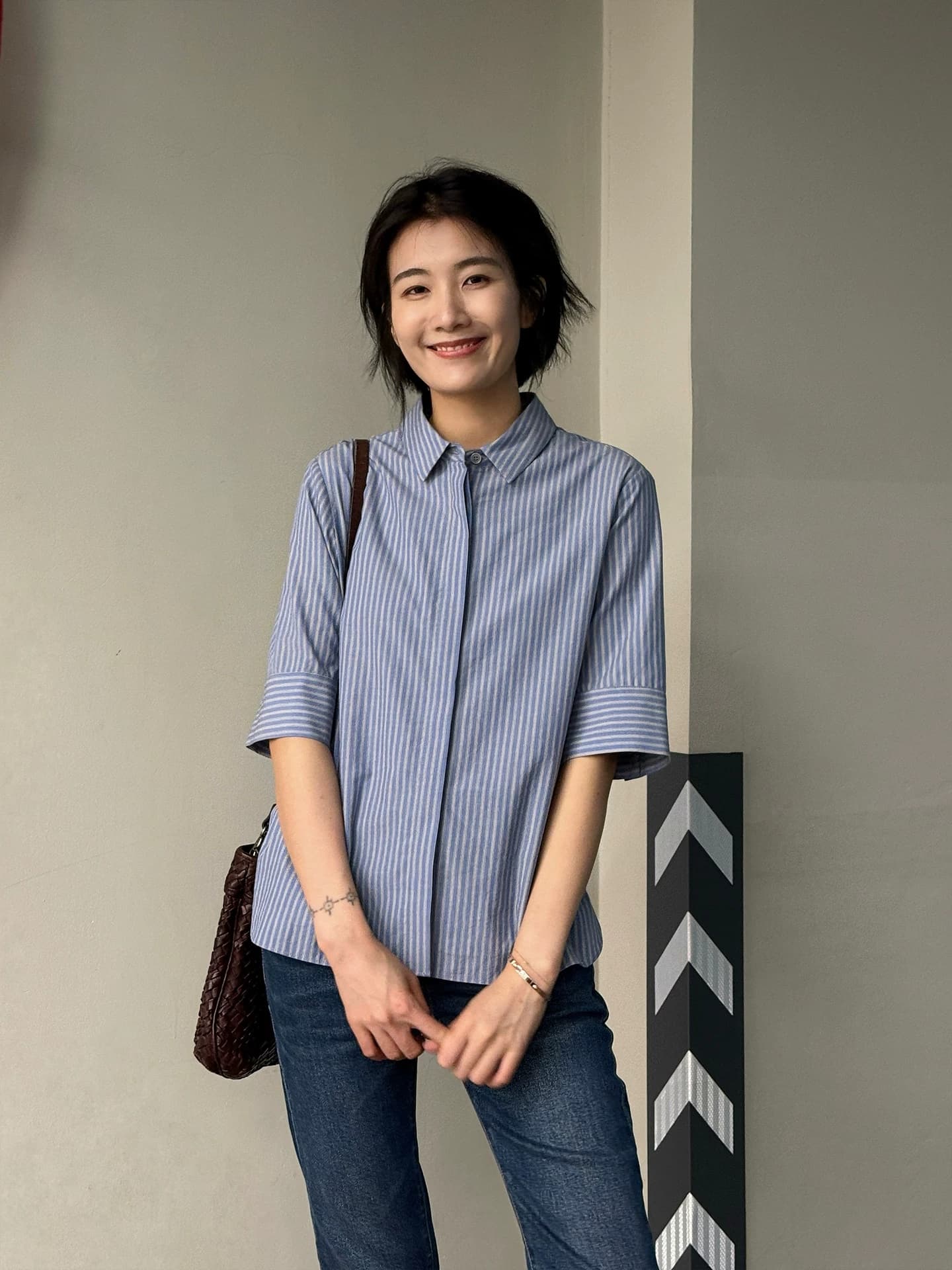 주 웨이브 청 파란색 순면 스트라이프 반팔 여성 셔츠 2026 새로운 여름 얇은 스타일 폴로 칼라 셔츠 캐주얼 맨위 상세 이미지 4