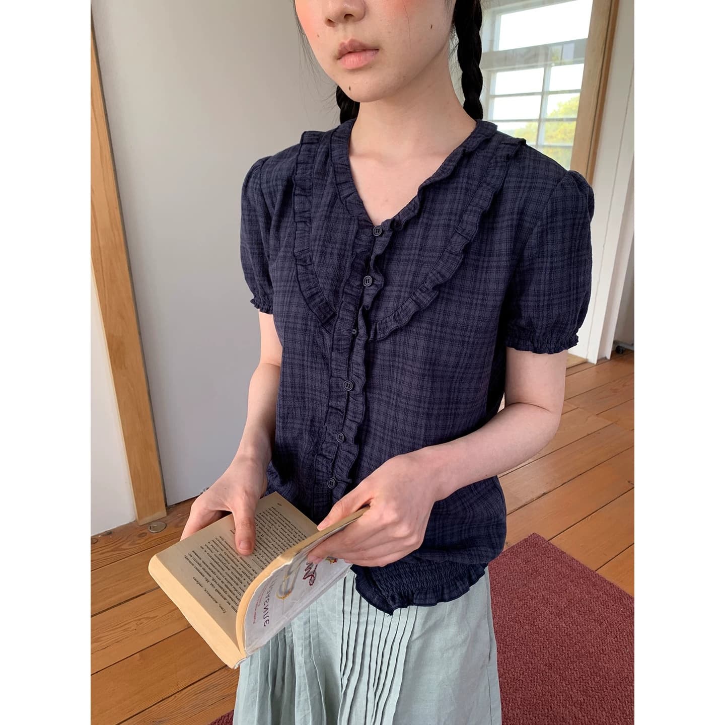 영자 oni 레트로 디자인 센스 작은 대중 프릴 반팔 여성 셔츠 일본식 거품 소매 체크무늬 작은 셔츠 맨위 상세 이미지 1