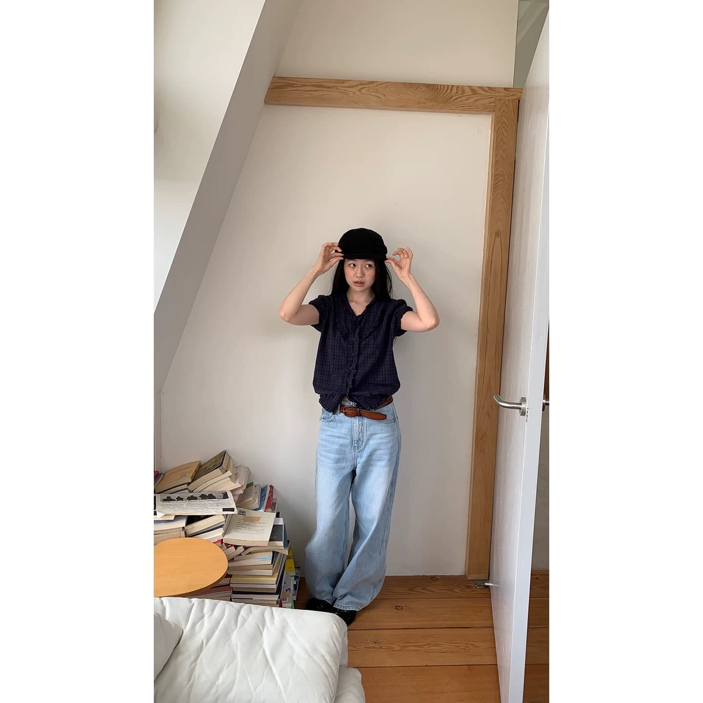 영자 oni 레트로 디자인 센스 작은 대중 프릴 반팔 여성 셔츠 일본식 거품 소매 체크무늬 작은 셔츠 맨위 상세 이미지 3