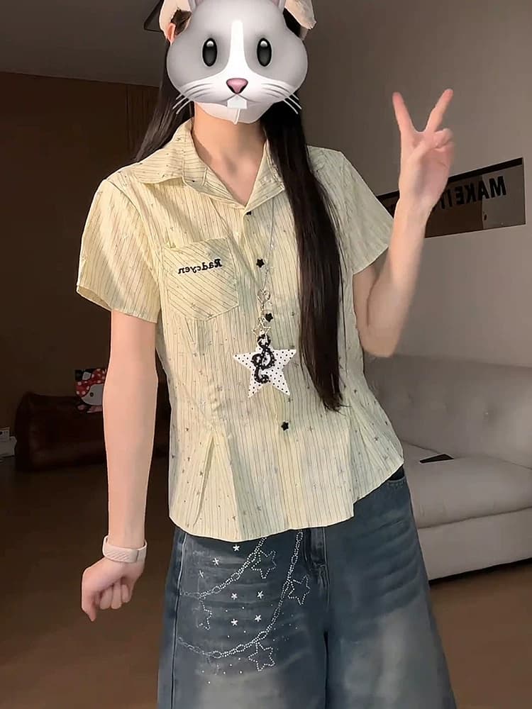 꿈 전문 일본식 색상 스트라이프 반팔 셔츠 여름 몸매 가꾸기 다용도 출퇴근 긍정적 인 어깨 셔츠 이미지 3
