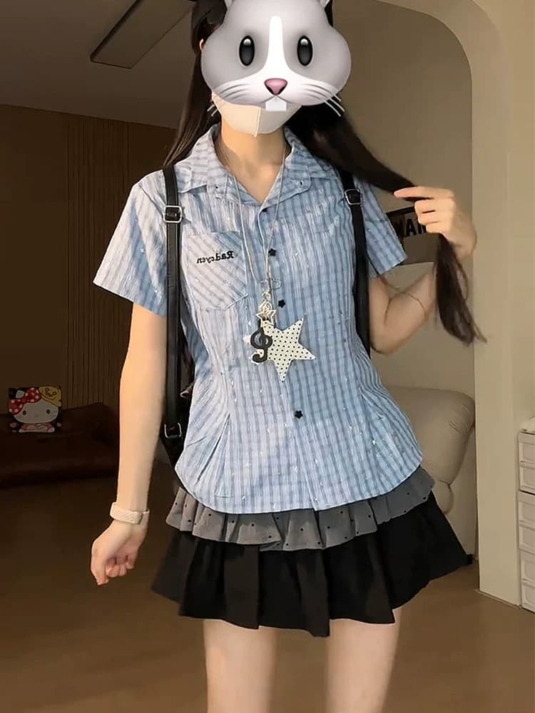 꿈 전문 일본식 색상 스트라이프 반팔 셔츠 여름 몸매 가꾸기 다용도 출퇴근 긍정적 인 어깨 셔츠 상세 이미지 4
