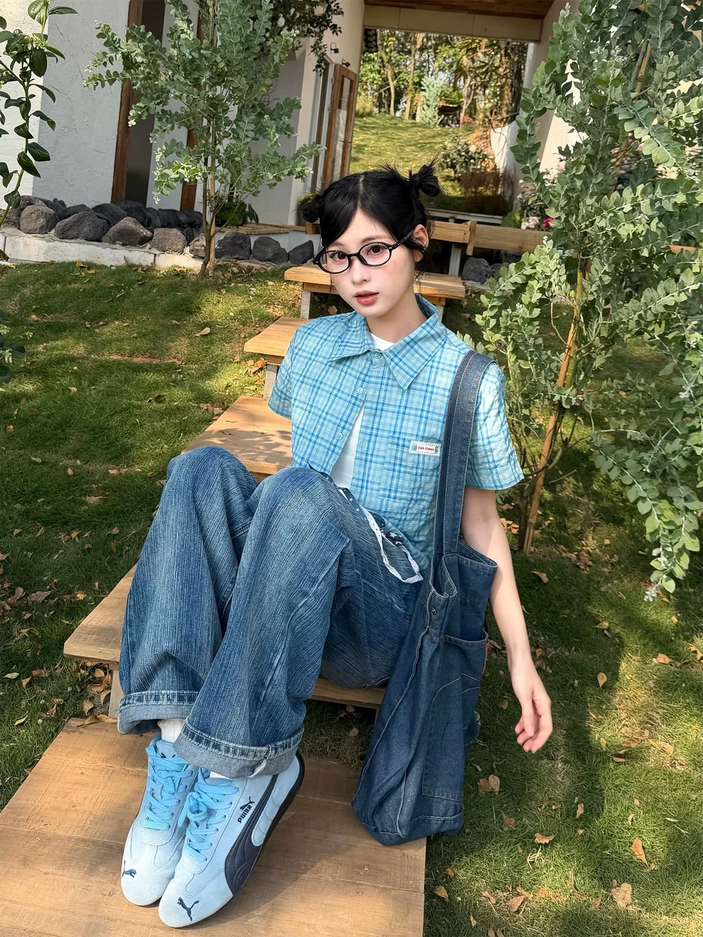 don cry 파란색 체크무늬 곡물 긍정적 인 어깨 반팔 여성 셔츠 여름 아메리칸 쇼트 스타일 몸매 가꾸기 슬림해 보이는 다용도 맨위 이미지 2