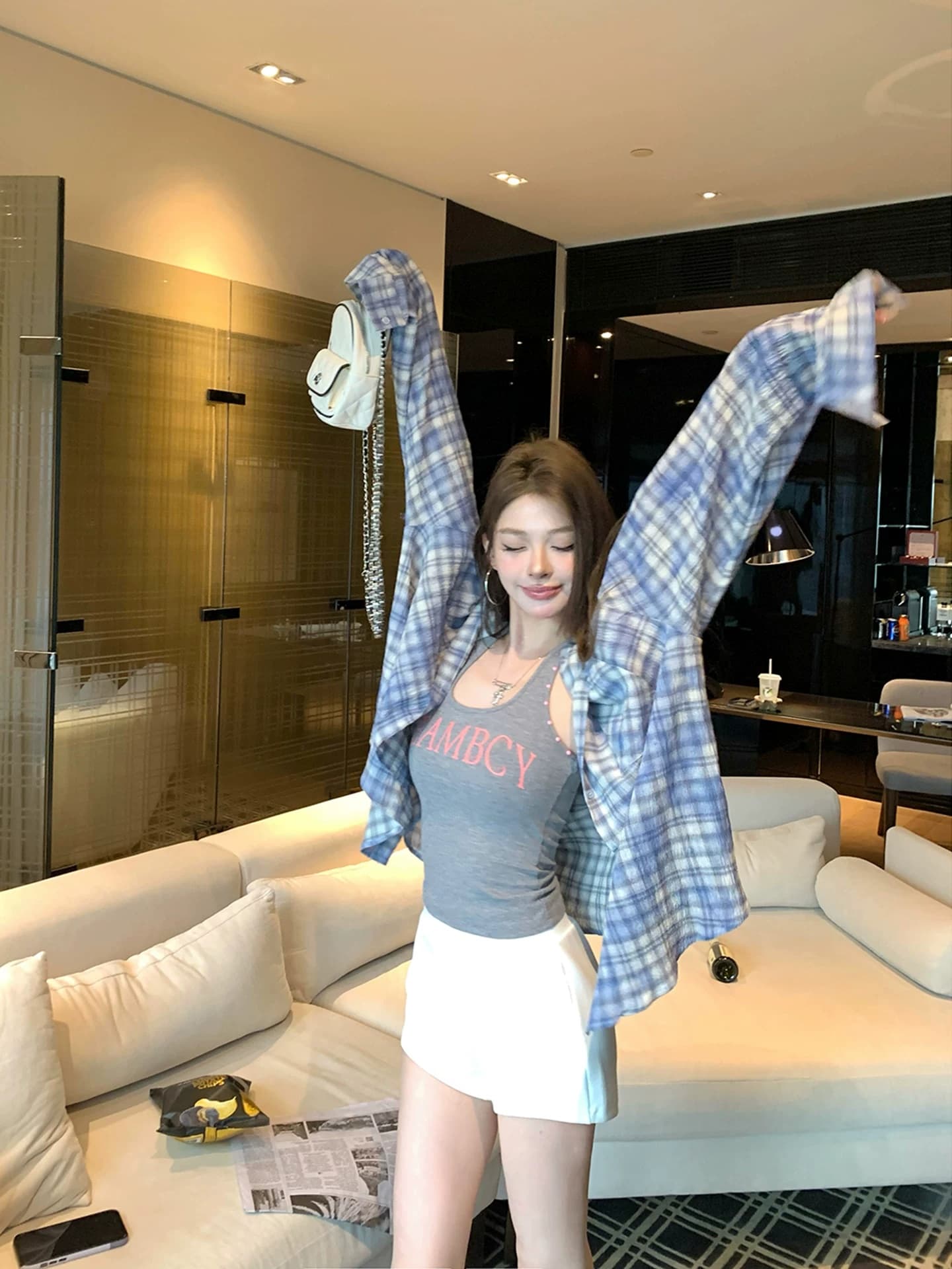 itookgiii 丨 느긋한 아메리칸 파란색 체크무늬 자외선 차단 셔츠 여성 코트 여름 핫걸 슬립 스택 착용 맨위 이미지 4