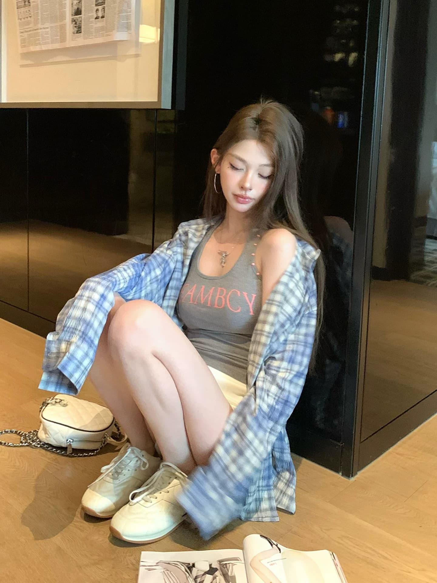 itookgiii 丨 느긋한 아메리칸 파란색 체크무늬 자외선 차단 셔츠 여성 코트 여름 핫걸 슬립 스택 착용 맨위 상세 이미지 3