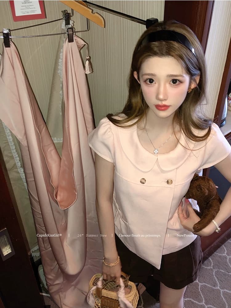 csk 큐피드 dolly 메모장 베이비 칼라 이중 버튼 귀여운 연령 감소 부드러운 품격 반팔 맨위 상세 이미지 1