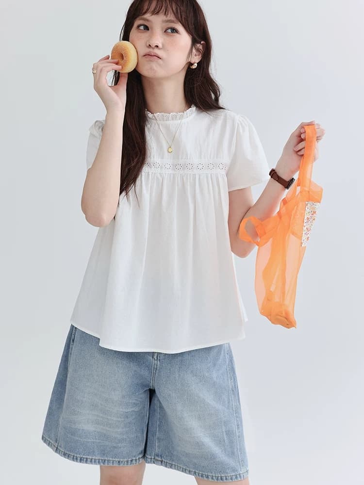 북섬 amuu 오리지널 화이트 홀로우 아웃 자카드 순면 여성 셔츠 여름 새로운 레이스 칼라 반팔 맨위 상세 이미지 1