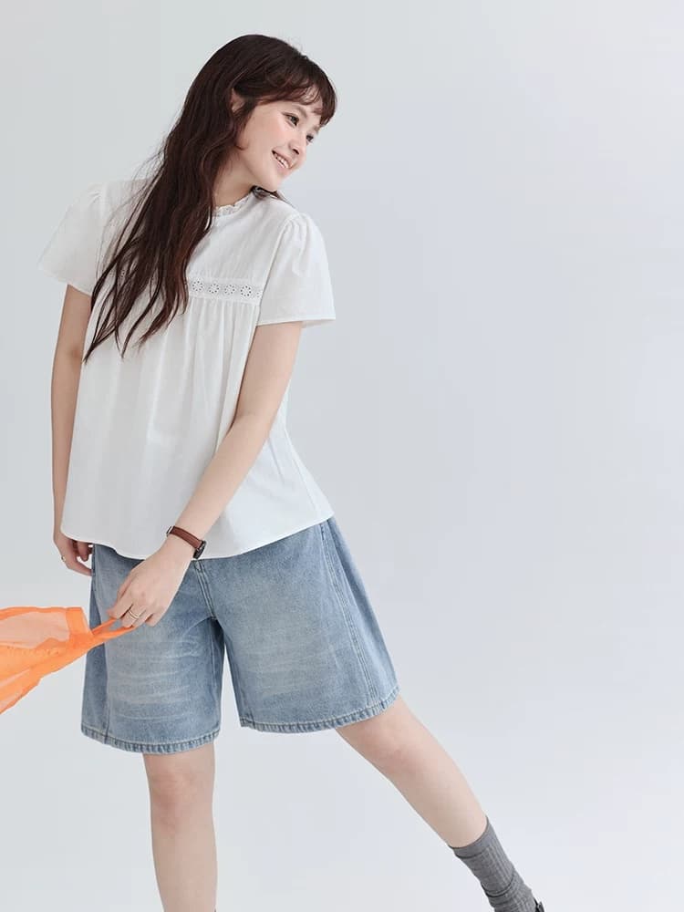 북섬 amuu 오리지널 화이트 홀로우 아웃 자카드 순면 여성 셔츠 여름 새로운 레이스 칼라 반팔 맨위 상세 이미지 2