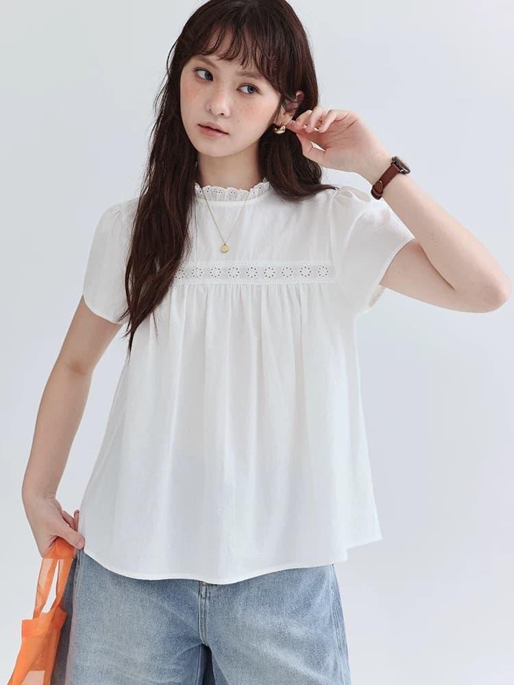 북섬 amuu 오리지널 화이트 홀로우 아웃 자카드 순면 여성 셔츠 여름 새로운 레이스 칼라 반팔 맨위 상세 이미지 3