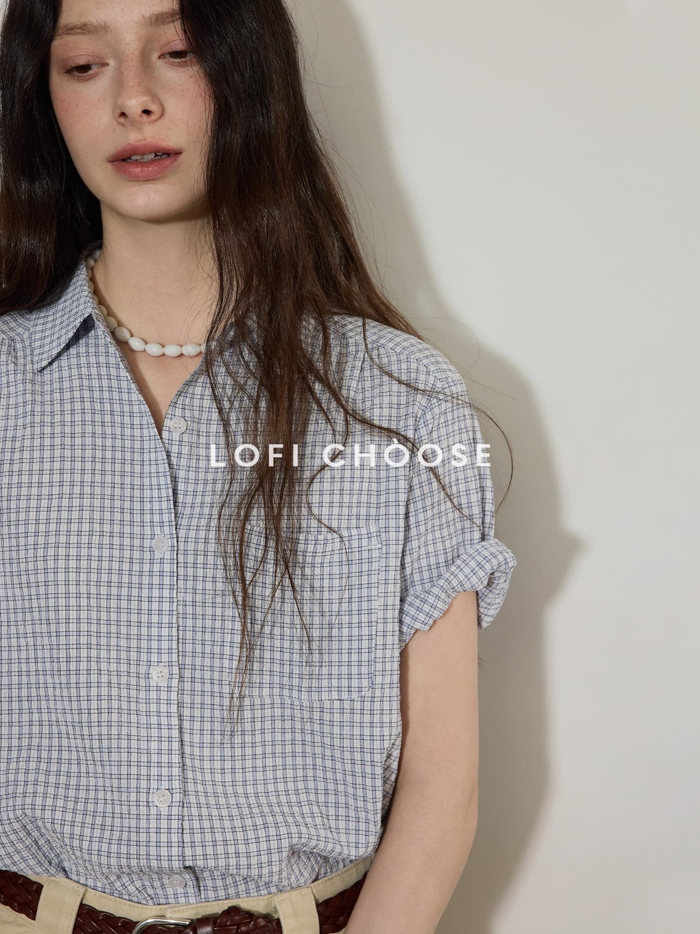 lofi choose 배색 체크무늬 디자인 센스 반팔 여성 셔츠 여름 새로운 미니멀리즘 루즈핏 다용도 맨위 상세 이미지 1