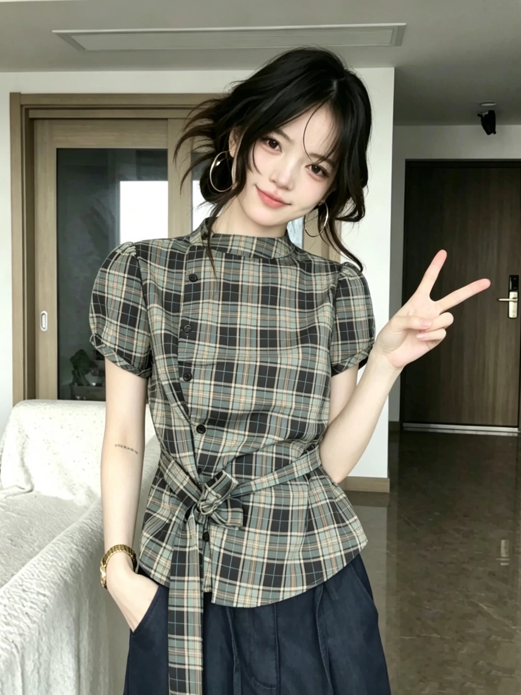 오래된 돈 바람 캐주얼 레트로 작은 대중 체크무늬 여성 셔츠 여름 새로운 반팔 허리 수축 레이스업 몸매 가꾸기 슬림해 보이는 맨위 이미지 3